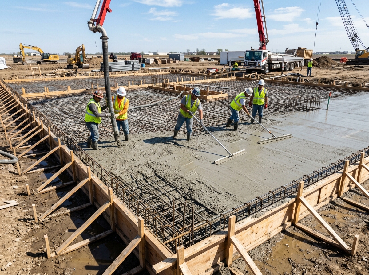 Reinforced concrete foundation slab construction