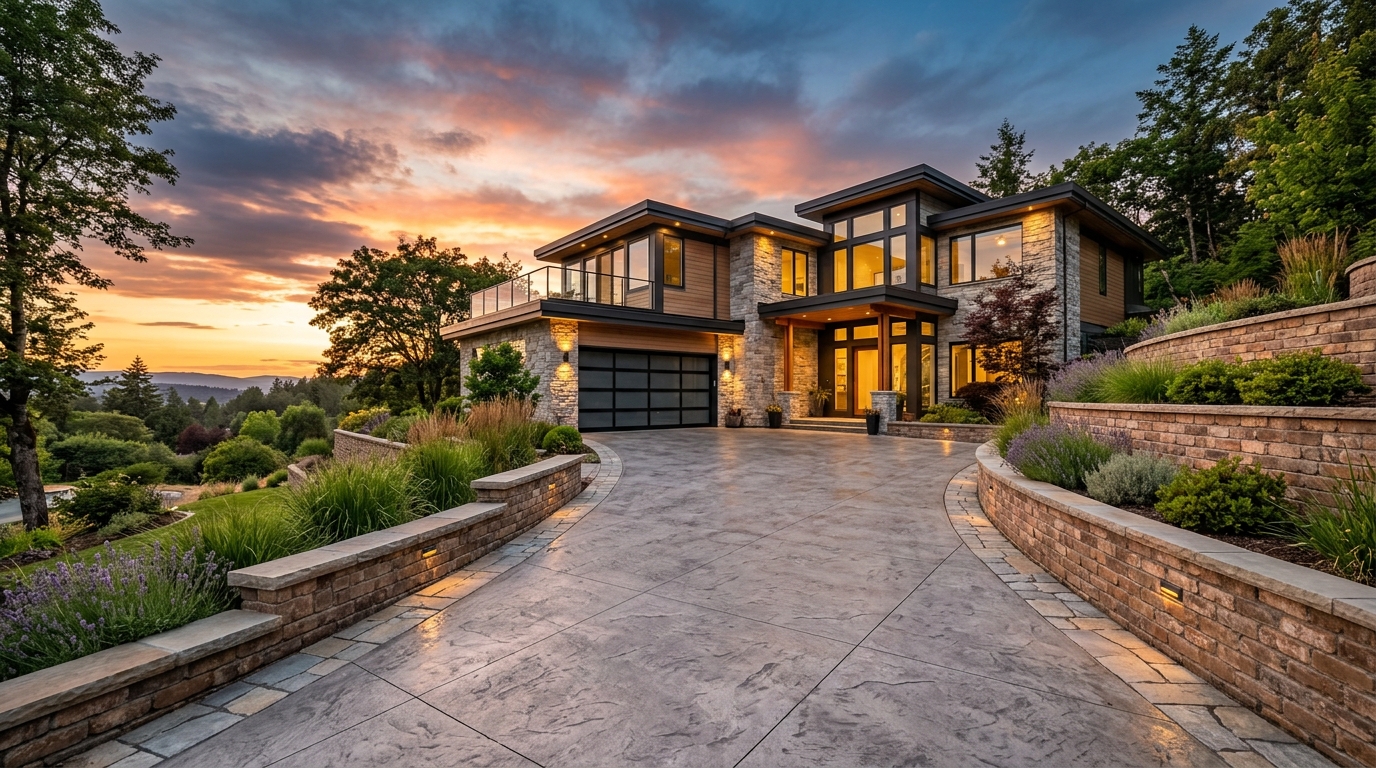 Beautifully paved concrete driveway and custom masonry wall