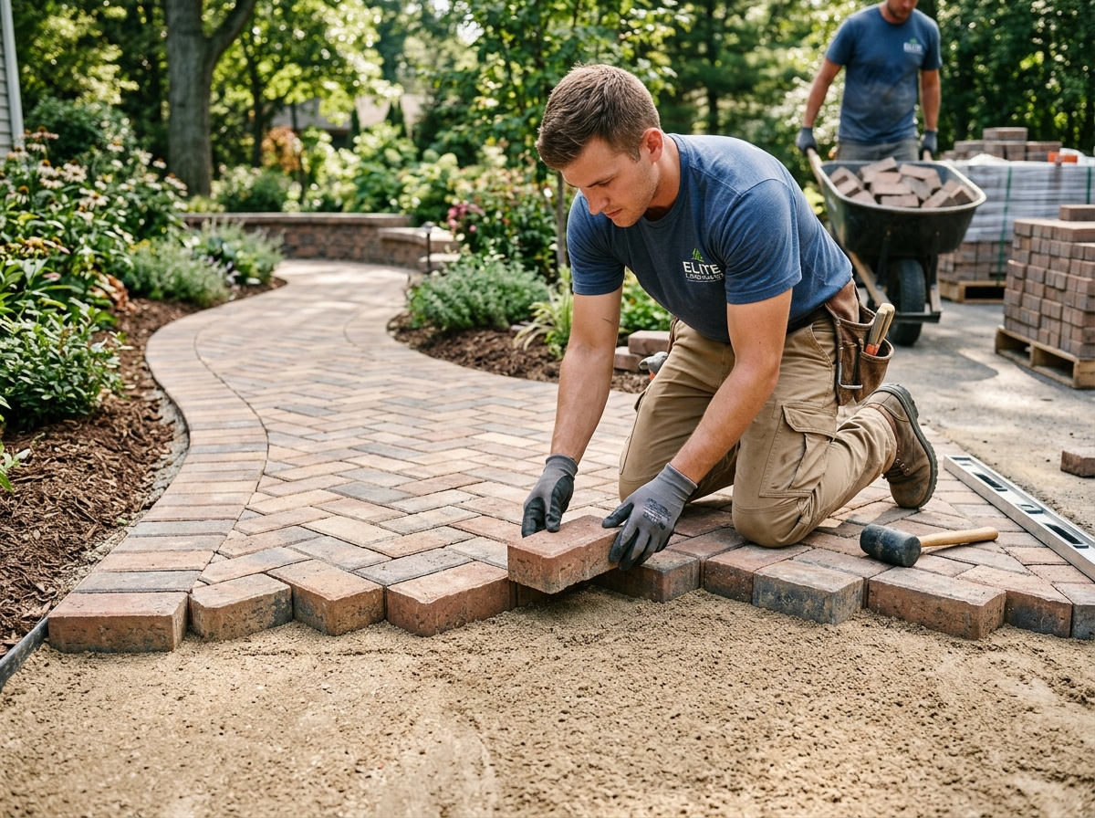 Workers laying interlocking stone pavers