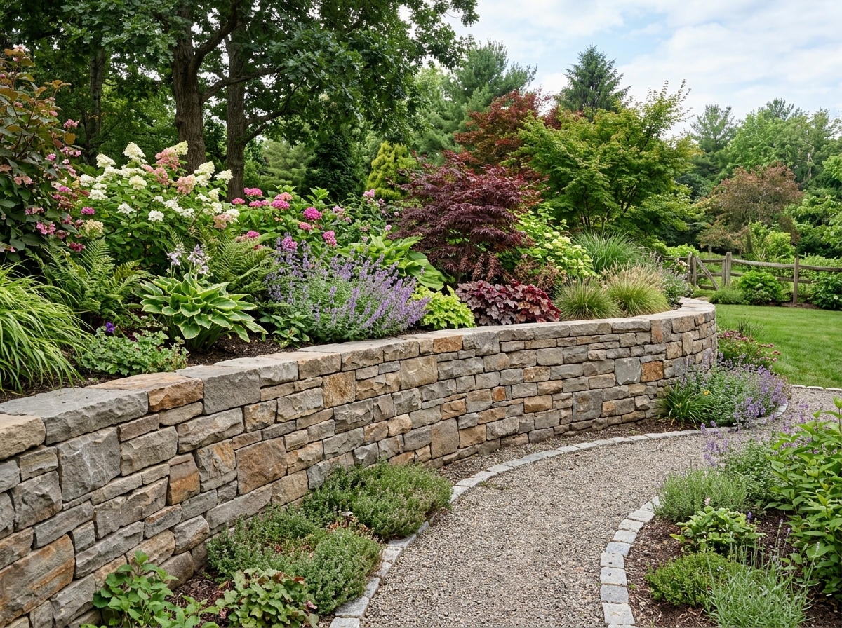 Stone retaining wall and masonry fireplace